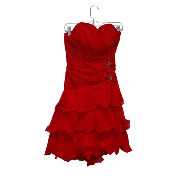 JJ'S House Red Strapless Ruffled Floral Rhinestone Accents Women's Mini Dress Si - Picture 2 of 9